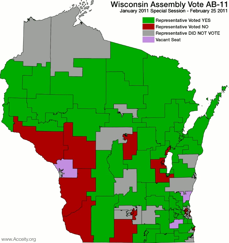 A Map of Wisconsin Assembly Districts shaded by vote on Gov. Walker's proposed budget repair