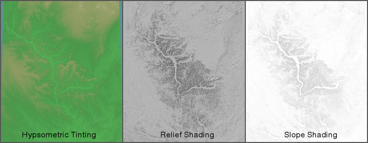 Elevation Layers Three elevation maps showing hypsometric tinting, relief shading, and slope shading