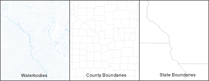Vector Layers Three vector maps showing water features, county boundaries, and state borders