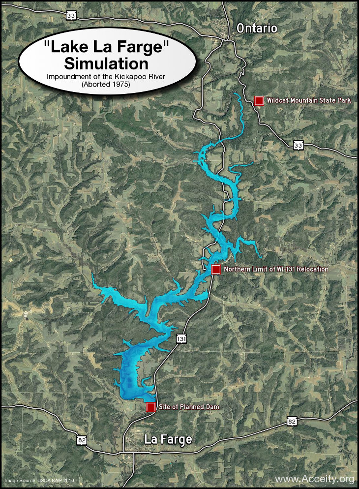 Map of Lake La Farge Aerial Imagery of the Kickapoo Valley overlaid with a simulated map of Lake La Farge
