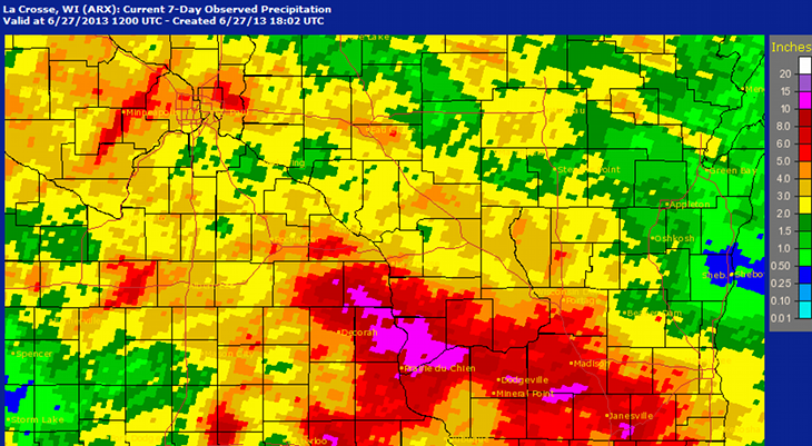 Map of Rainfall Totals in SW Wisconsin from June 20 to June 27, 2013
